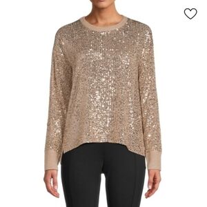 NWT Calvin Klein Beige & Gold Sequin High-Low Crew Neck Pullover Sweater